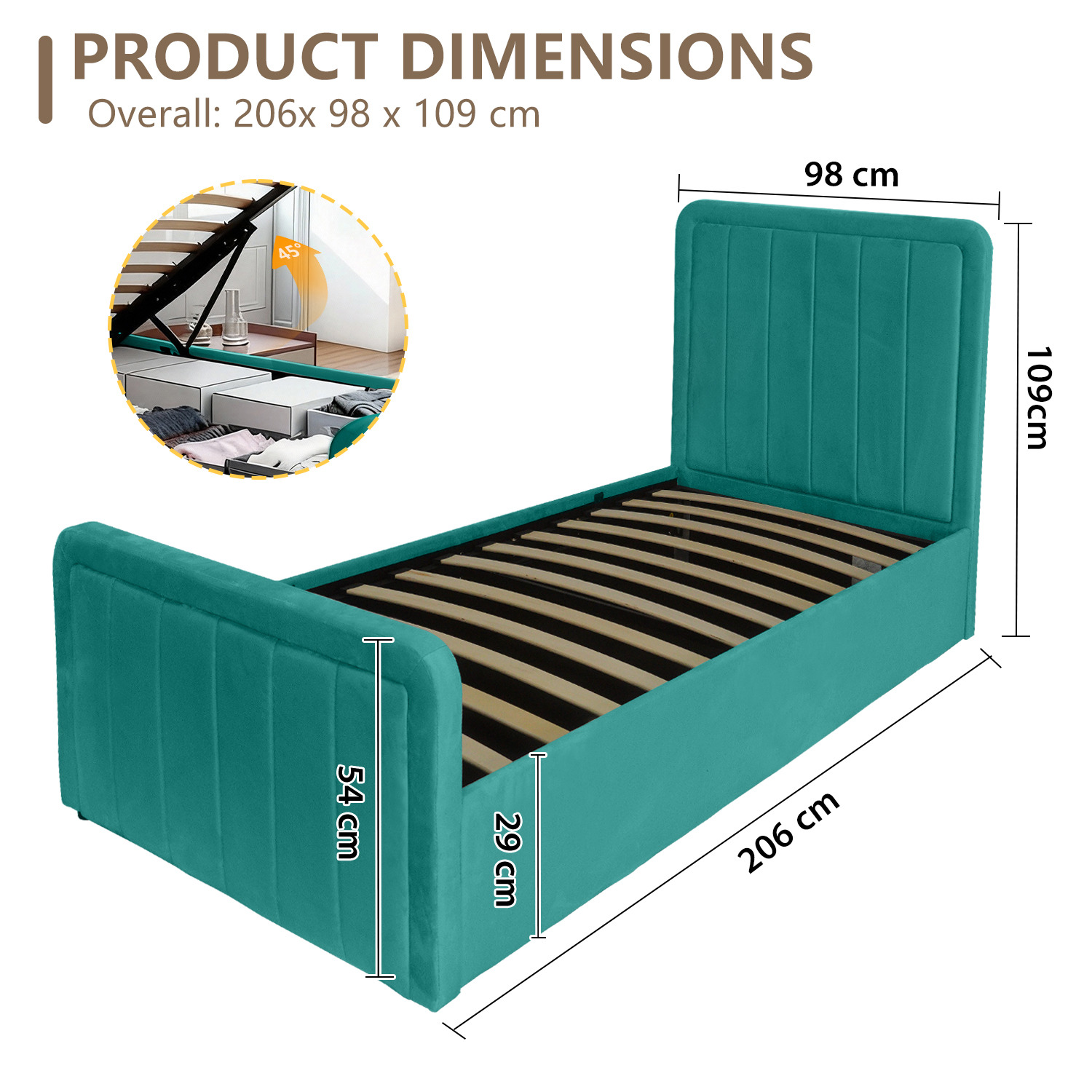 Brushed Velvet Ottoman Bed Frame - Green Single