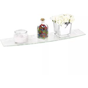 Large Bowed Floating Glass Wall Shelf with Damask Floral Design - White