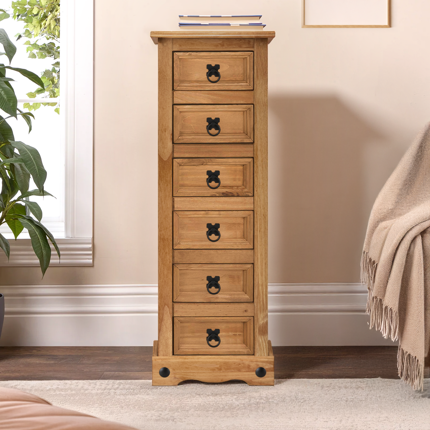 Corona Narrow 6 Drawer Bedside Cabinet Solid Wood Pine Wooden Tall - Brown