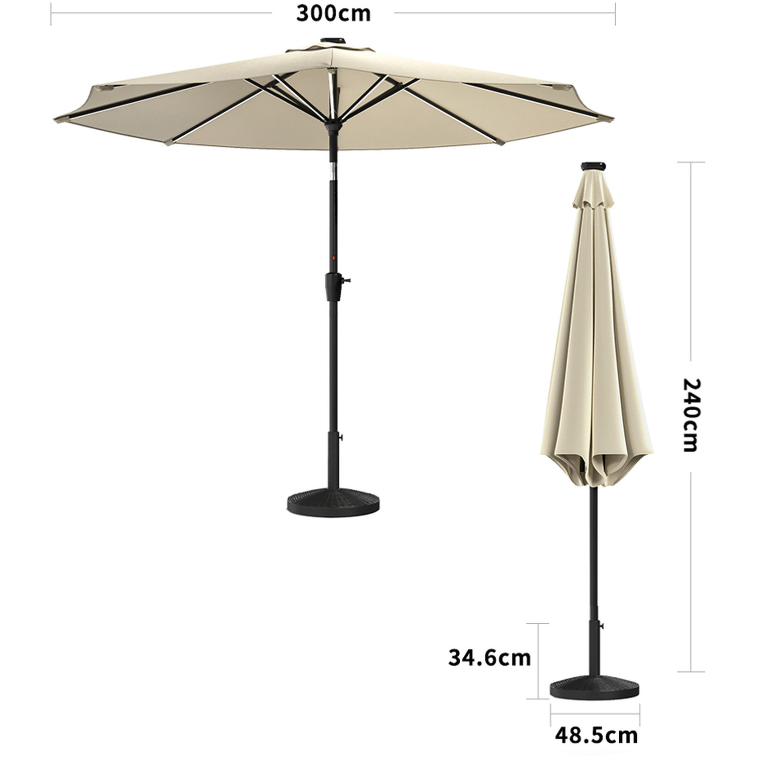 Outdoor Parasol With Led Strips And Resin Base - Beige