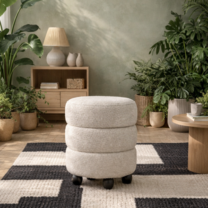 Antipodes Ivory Chenille 3 Tier Round Pouffe