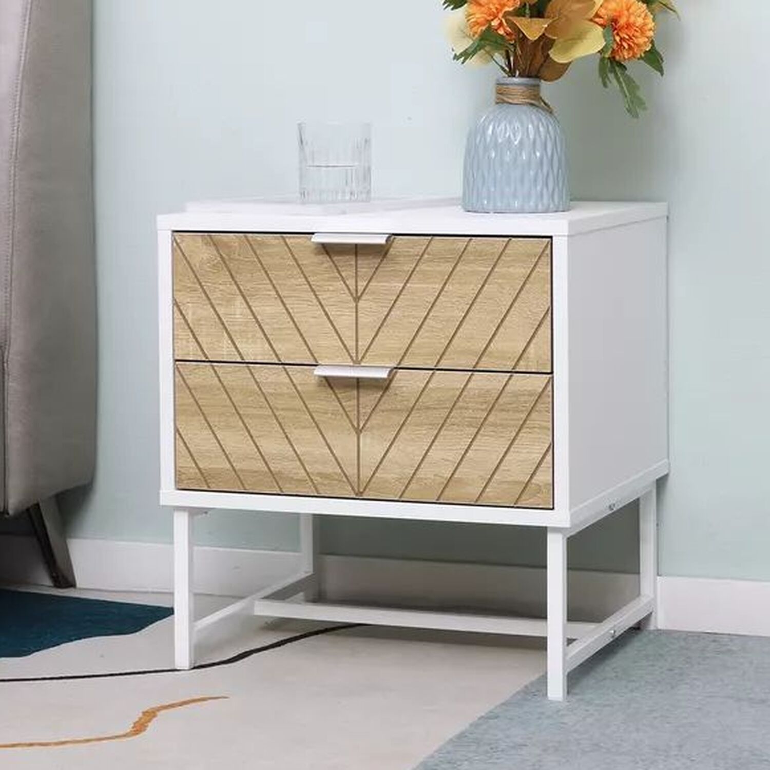 Chevron Bedside Table With Drawers - Natural And White