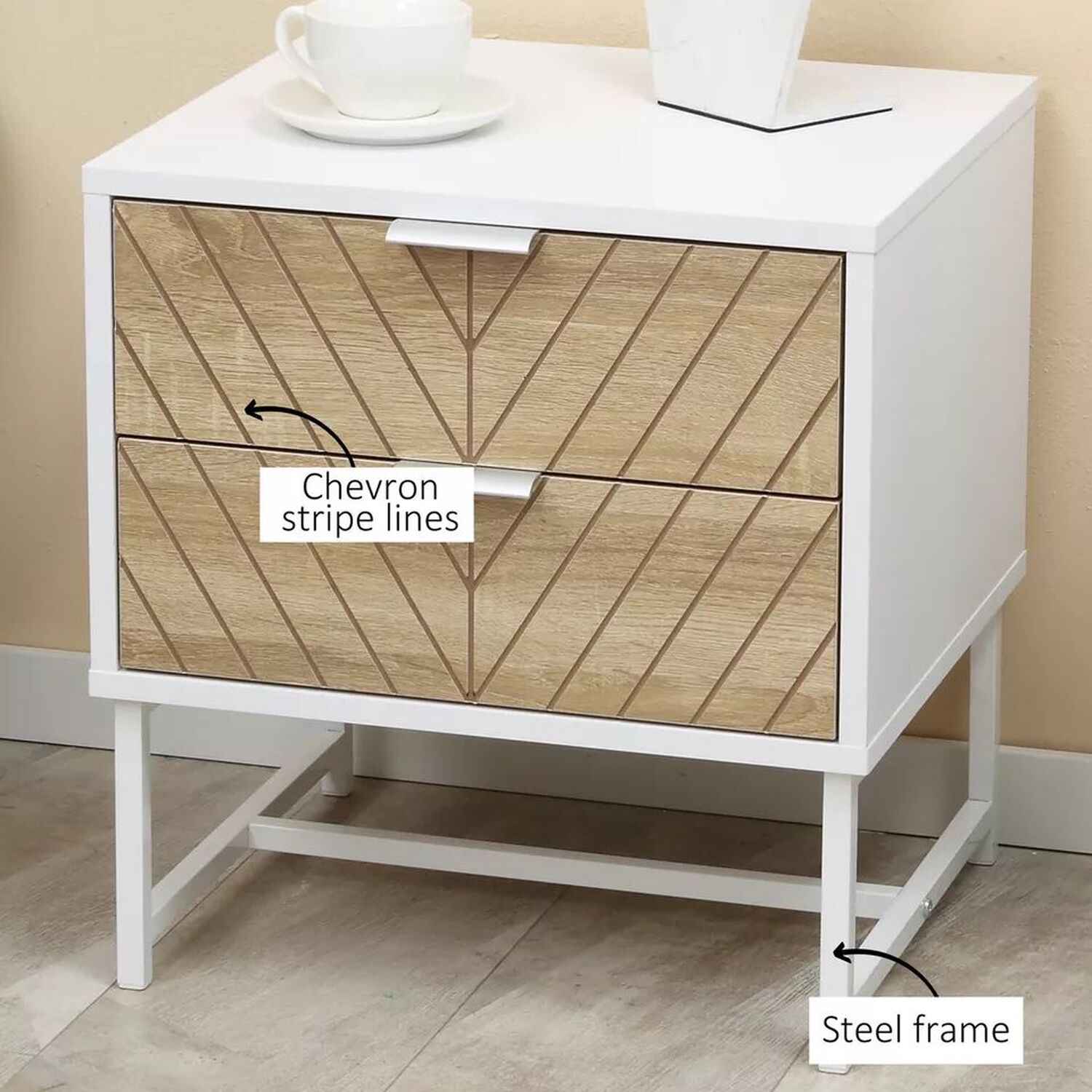Chevron Bedside Table With Drawers - Natural And White