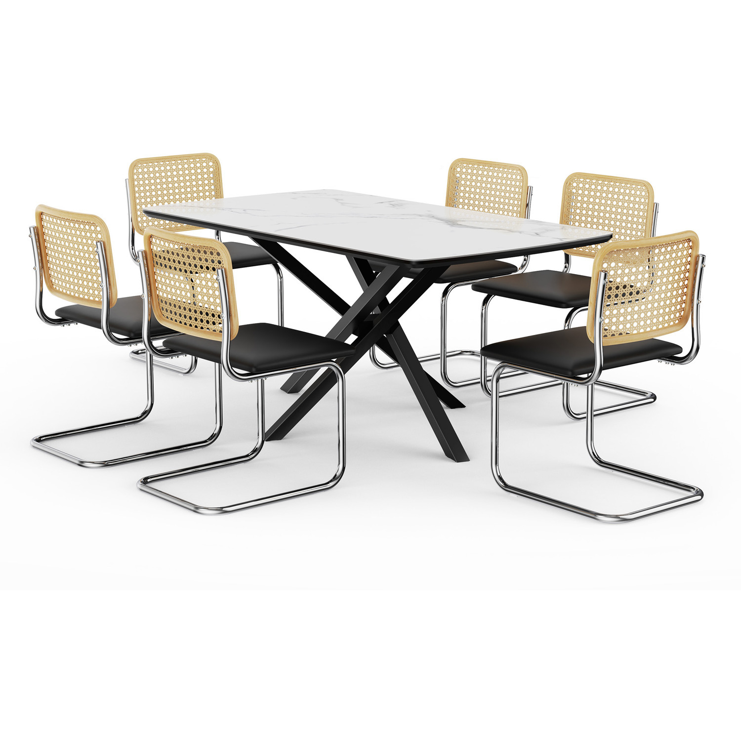 Marble Effect Dining Table Set With 6 Dining Chairs - White Black