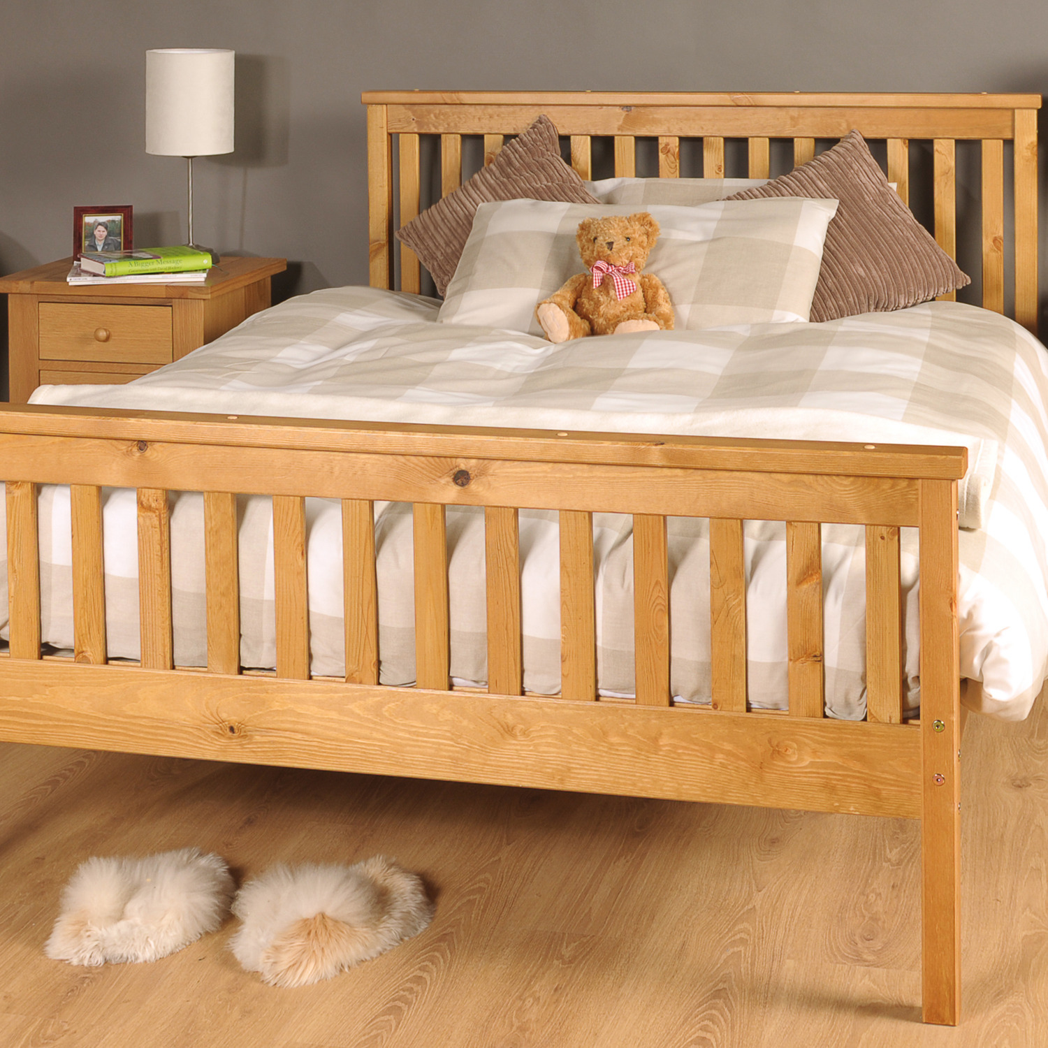 Pine Wooden Double Bed Frame in Caramel - Modern Design & Solid Pine Wood - Slatted Style Headboard & Footboard