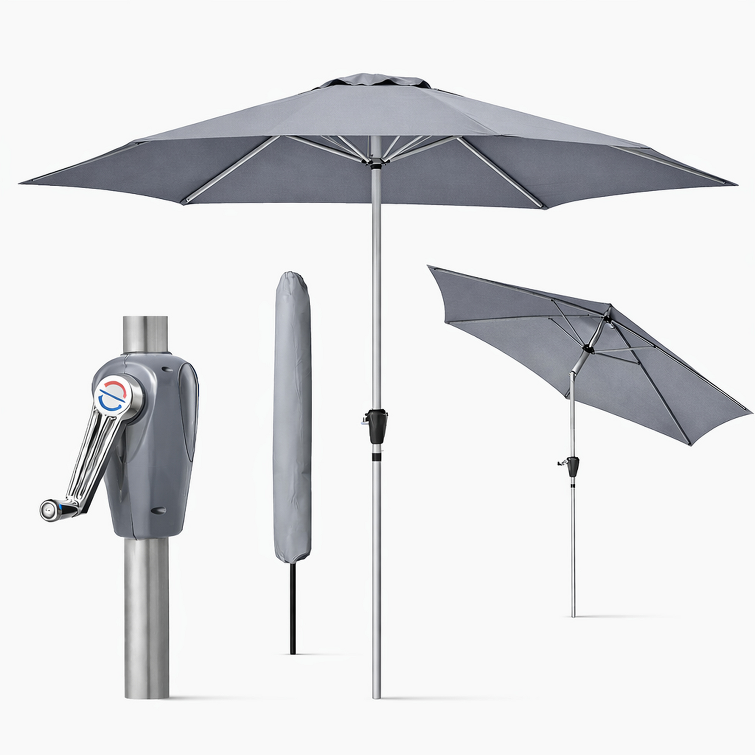 Glamhaus Tilting Light Grey Garden Table Parasol Umbrella 2.7M With Crank Handle, Uv40+ Protection, Includes Protection Cover - Robust Aluminium