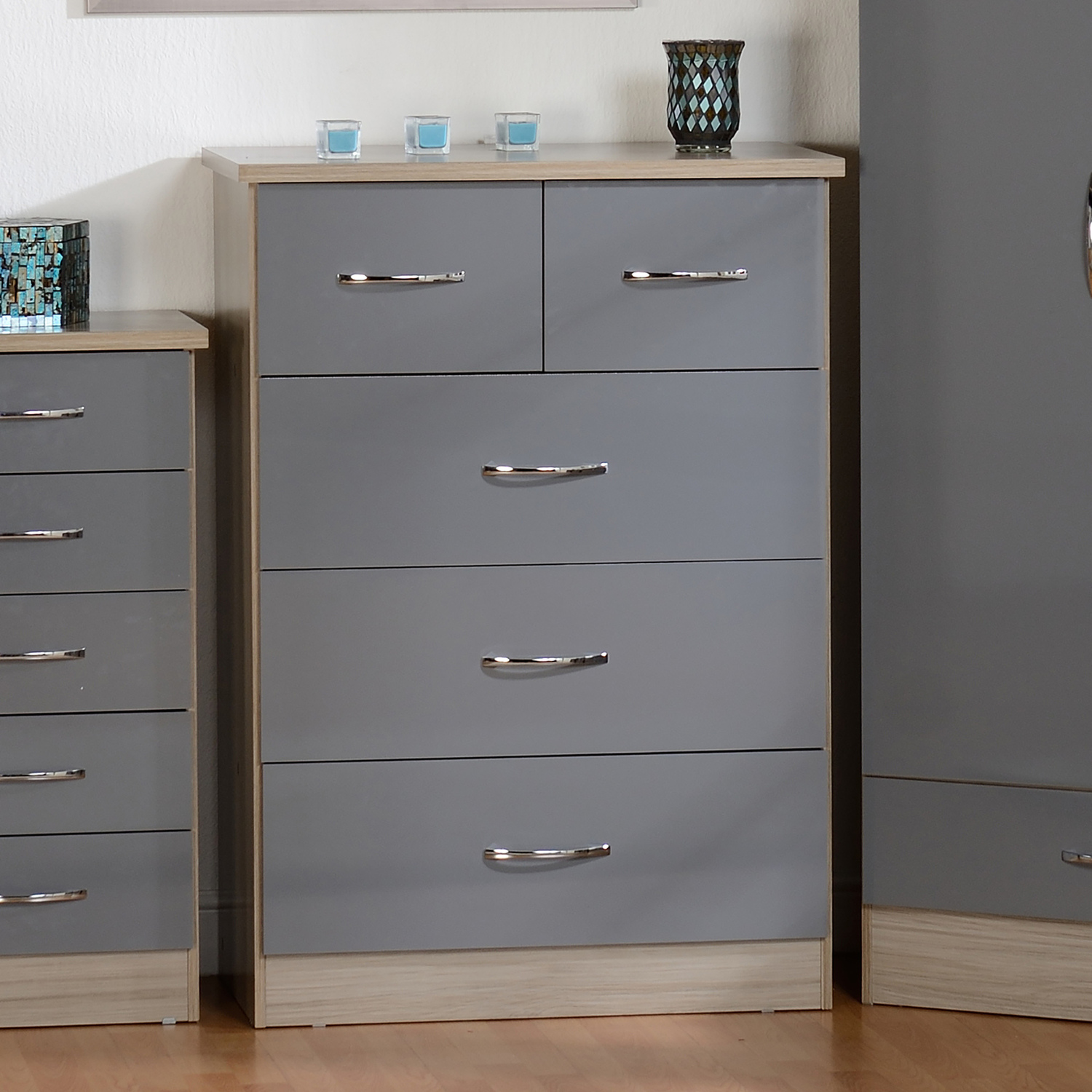 Nevada 3 plus 2 Chest - Grey Gloss, Light Oak