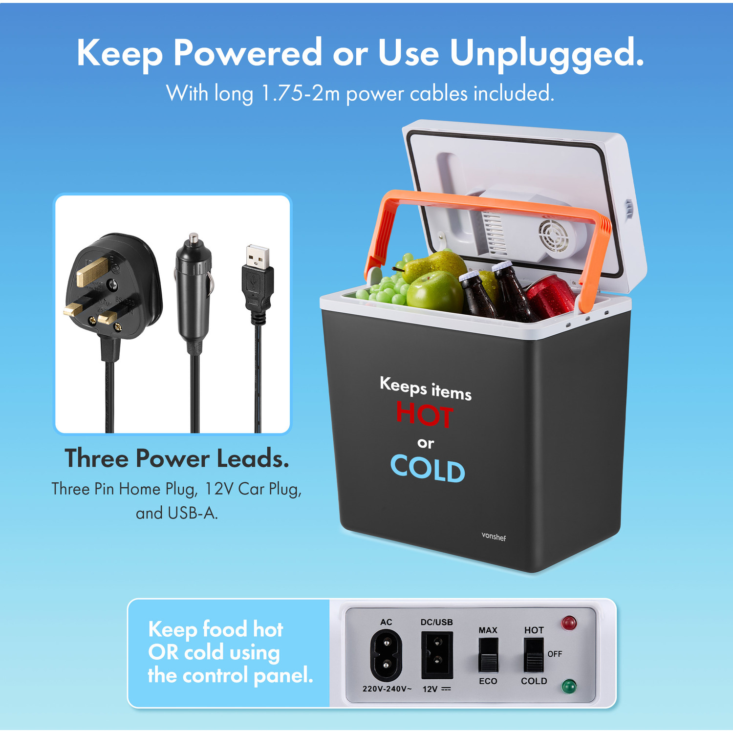 Vonshef 20l Electric Cool Box Insulated Cooler With Hot Cold Function - Dark Grey