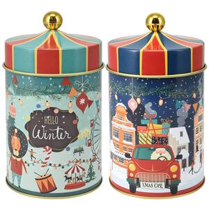 Set of 2 Christmas Metal Storage Tins - Multicoloured