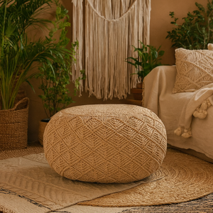 Sperlonga Hand Knitted Mustard Macrame Pouffe