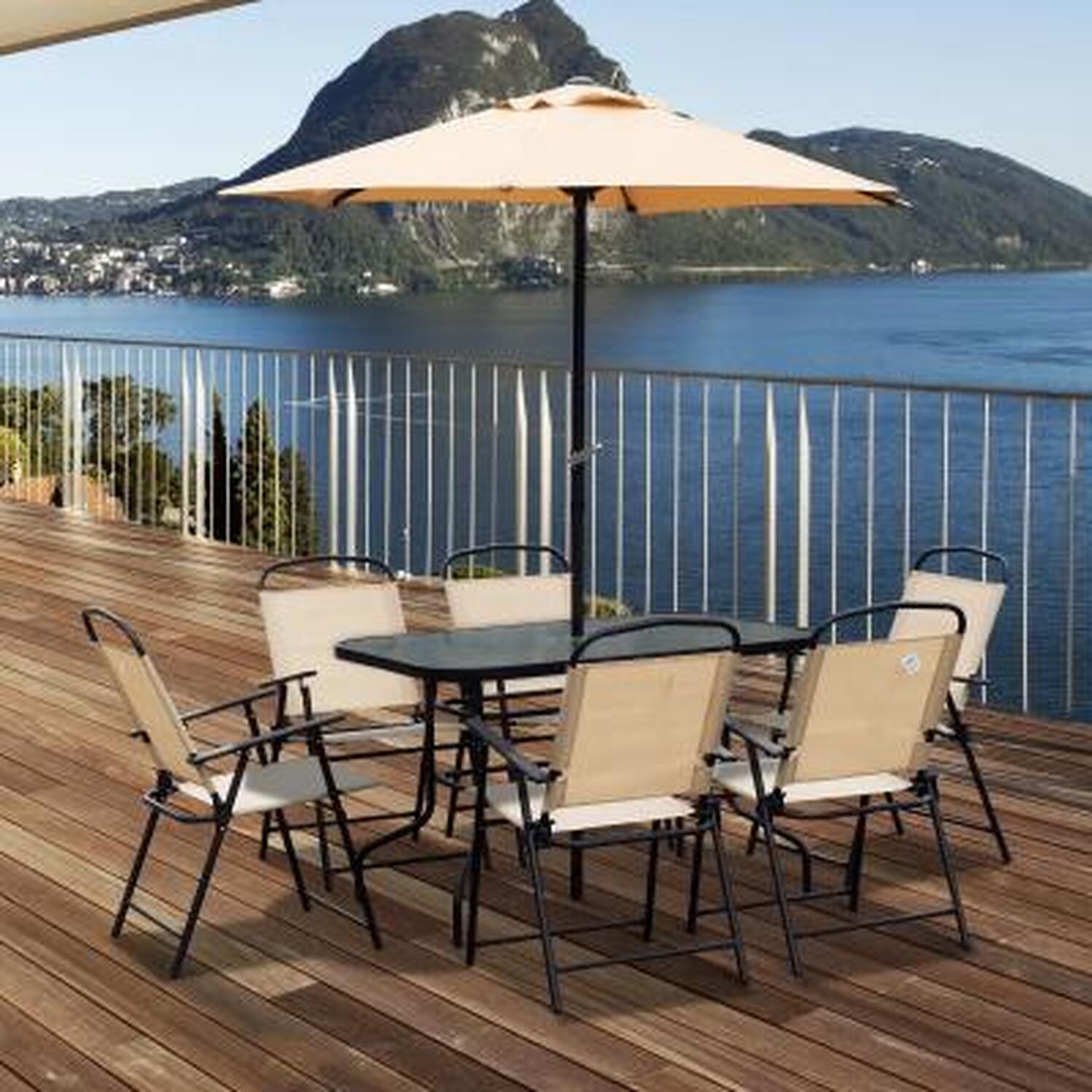 Dining Set Furniture Garden Foldable 6 Chairs Table With Parasol - Beige