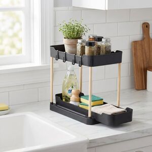 2 Tier Sliding Storage Rack w/ Hooks, Wooden Leg Under Sink Cabinet Organiser