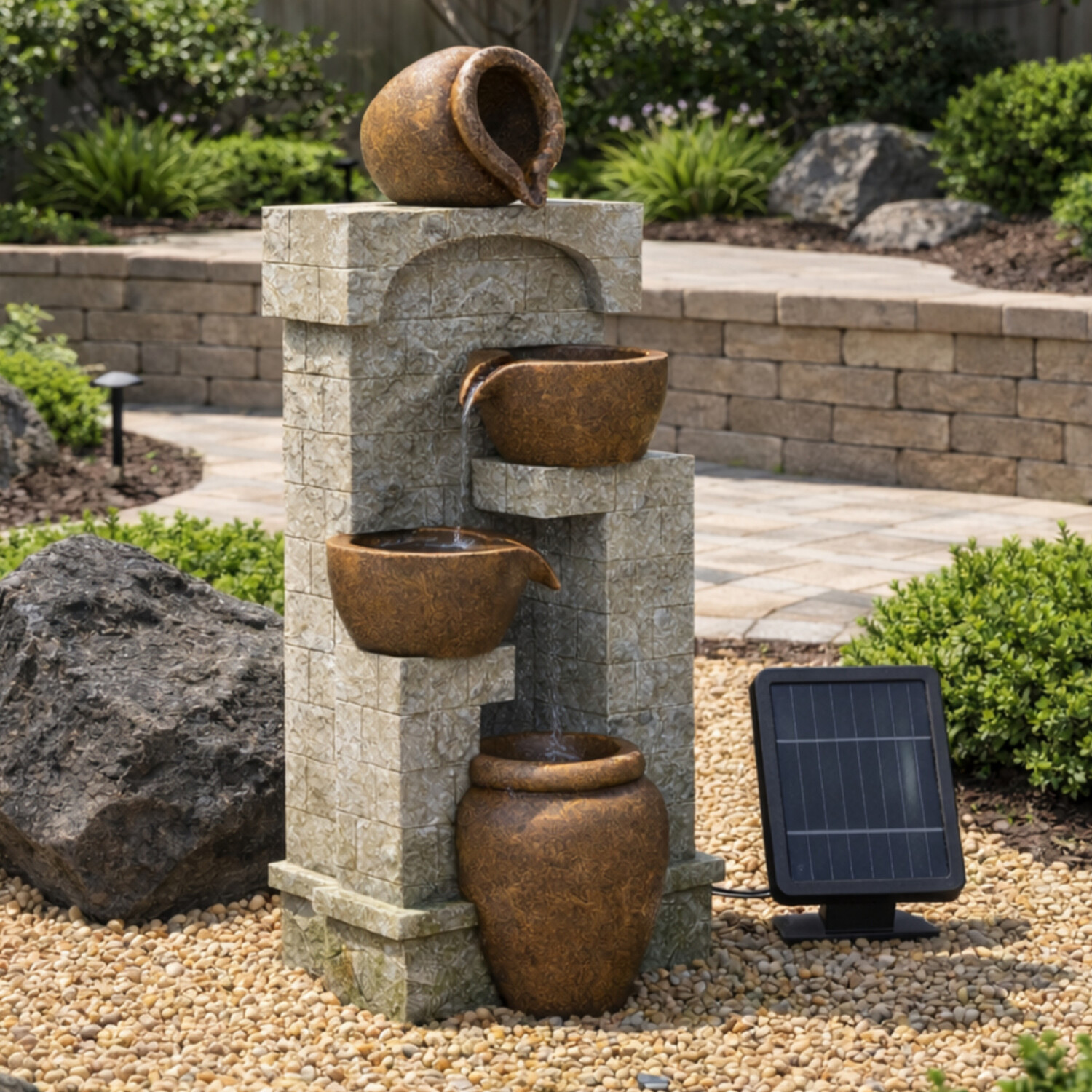 Teamson Home Outdoor Garden Water Fountain Feature Solar Power 4 Tier Pot With Led Lights - Grey