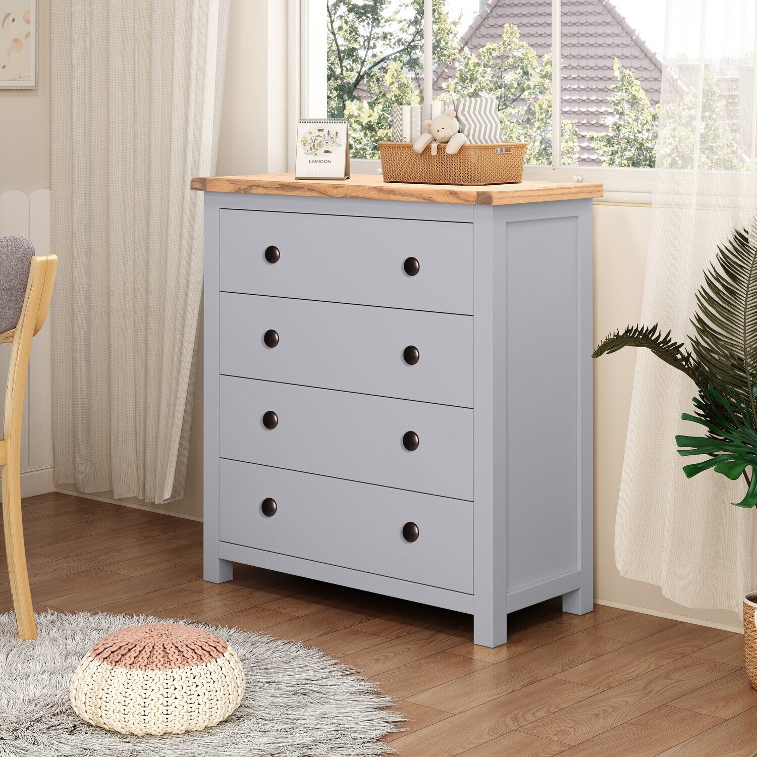 Mirano 4 Drawer Chest - Chrome Knob - Grey / Brass
