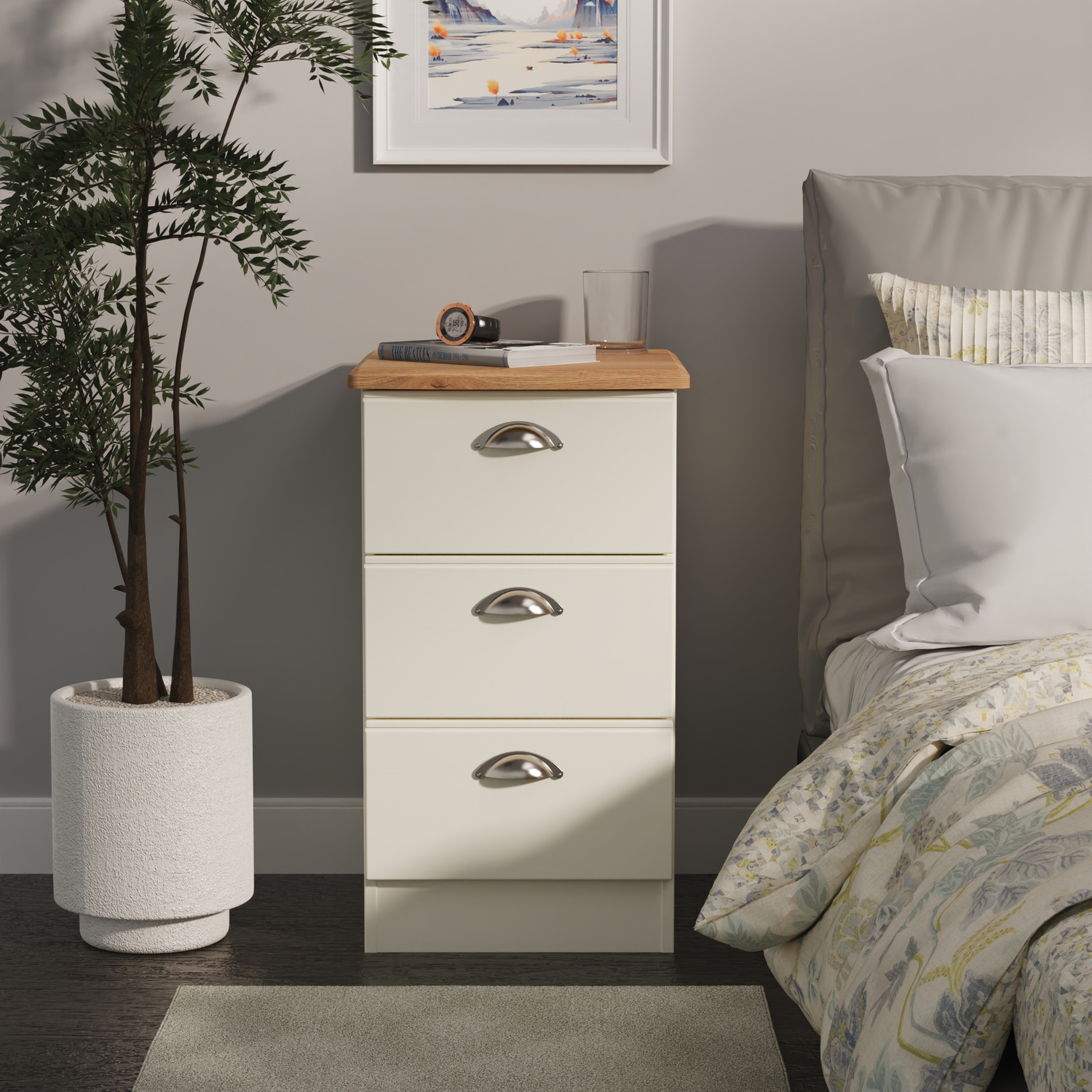 Victoria Ready Assembled 3 Drawer Bedside Cabinet - Cream Ash Riviera Oak