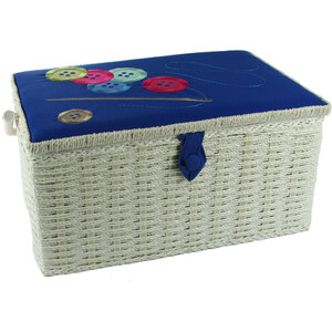 Embroidered Lid Large Sewing Box - Buttons Needle Thread Blue