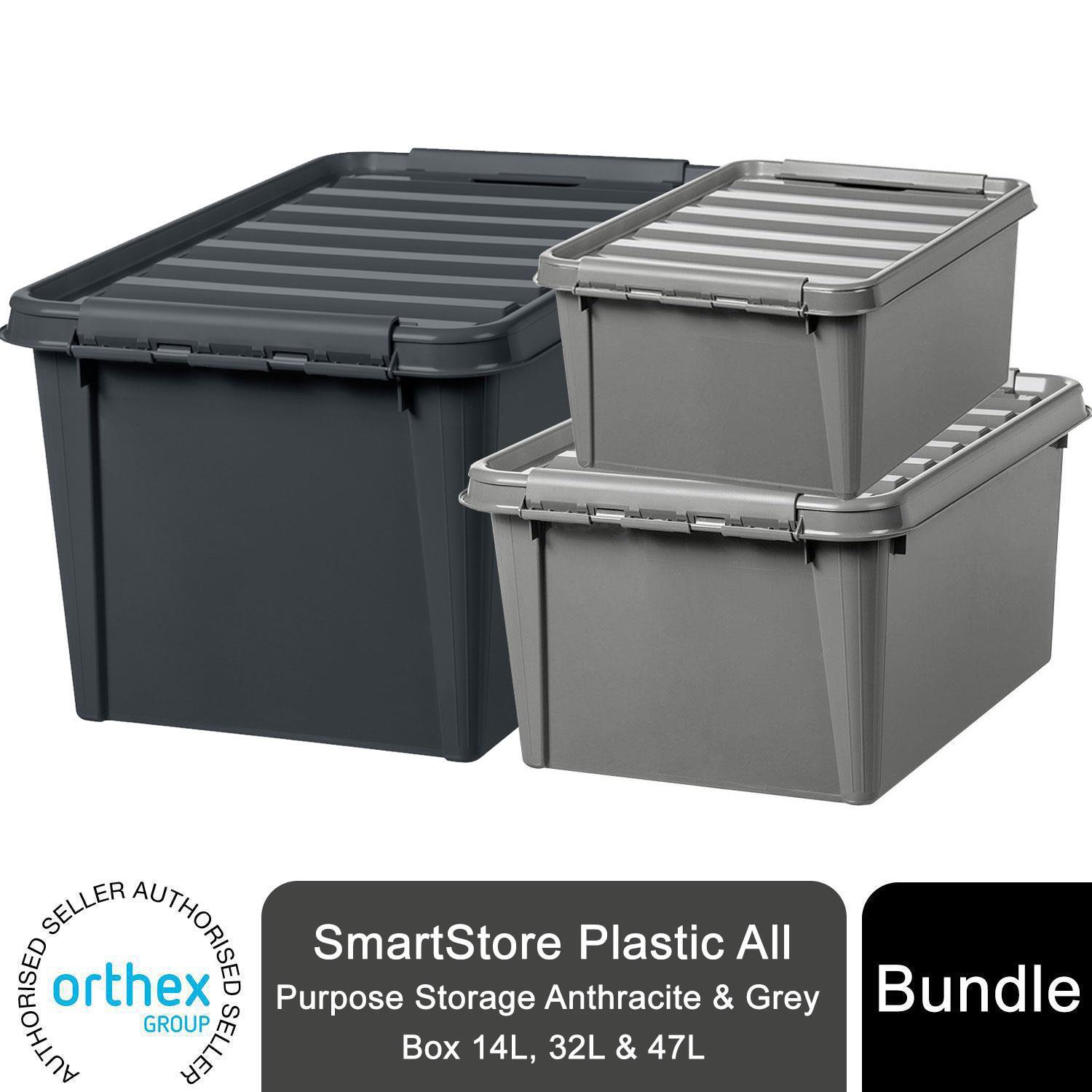 Smartstore 3 Pack Plastic All Purpose Storage Grey Boxes, 14L, 32L And 47L - Plastic All Purpose Storage Box