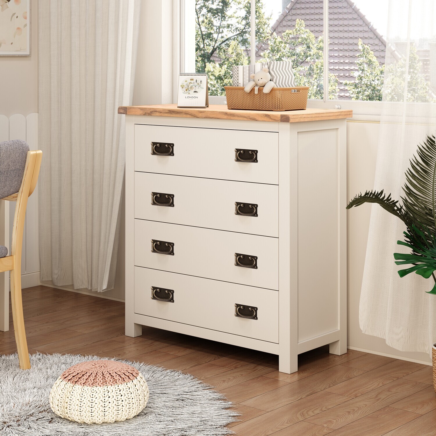 Lovere 4 Drawer Chest - Satin Chrome Handles - White / Antique Brass Drop / MDF, Pine, Plywood