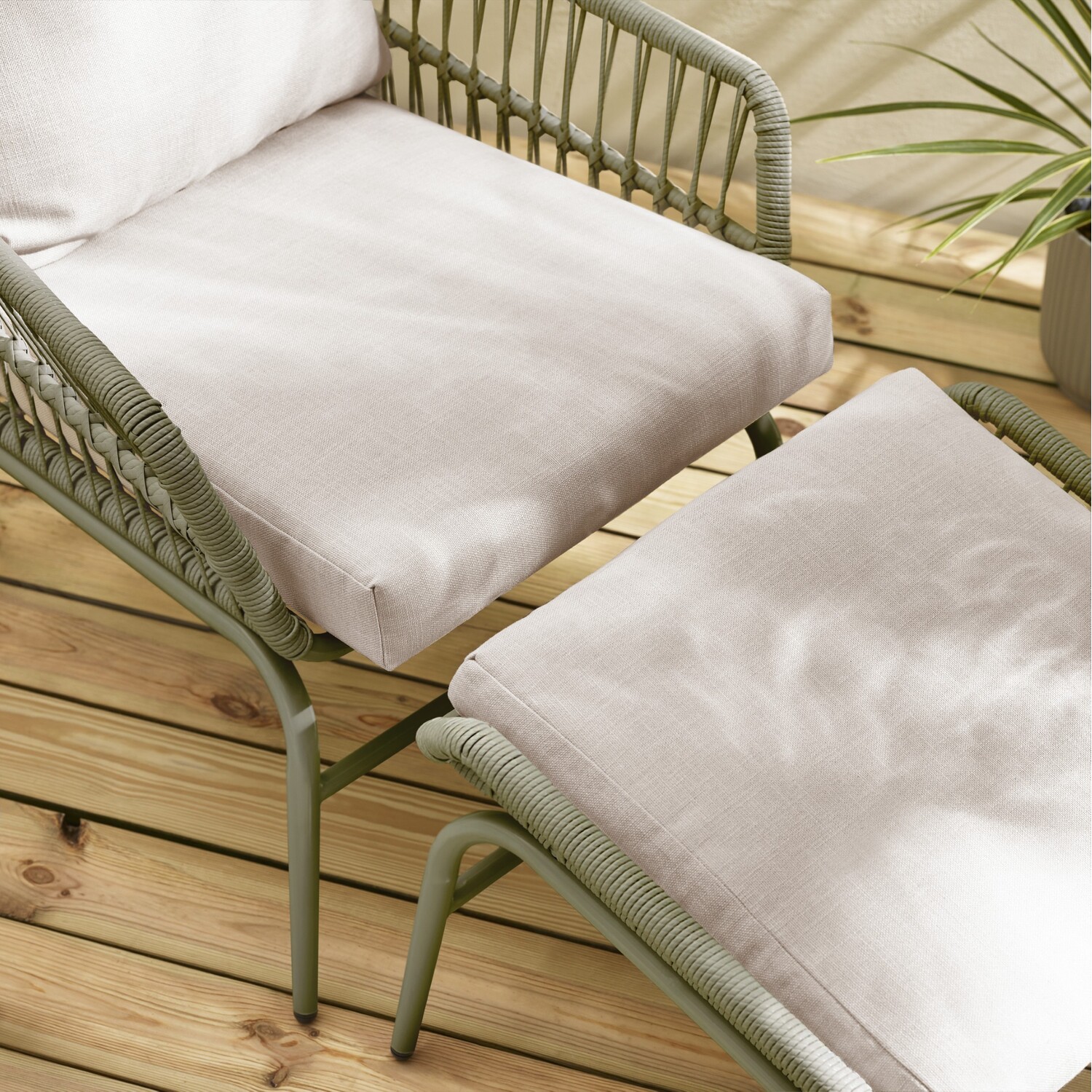 Lyon Outdoor Chair Footstool And Table Set - Metal And Rattan - Green