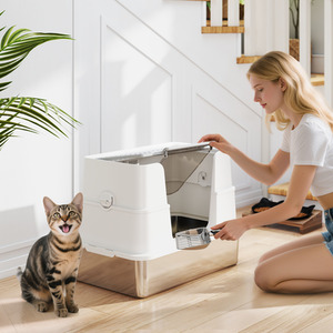 PawHut Stainless Steel Cat Litter Tray, Dual Entry