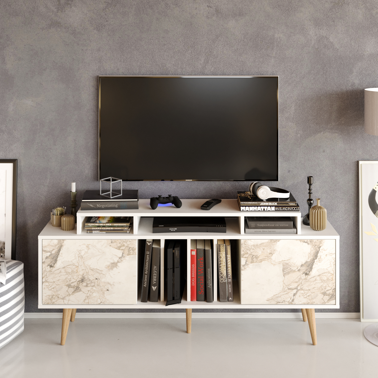 Charlize TV Unit TVs up to 63" - White Marble Effect and White