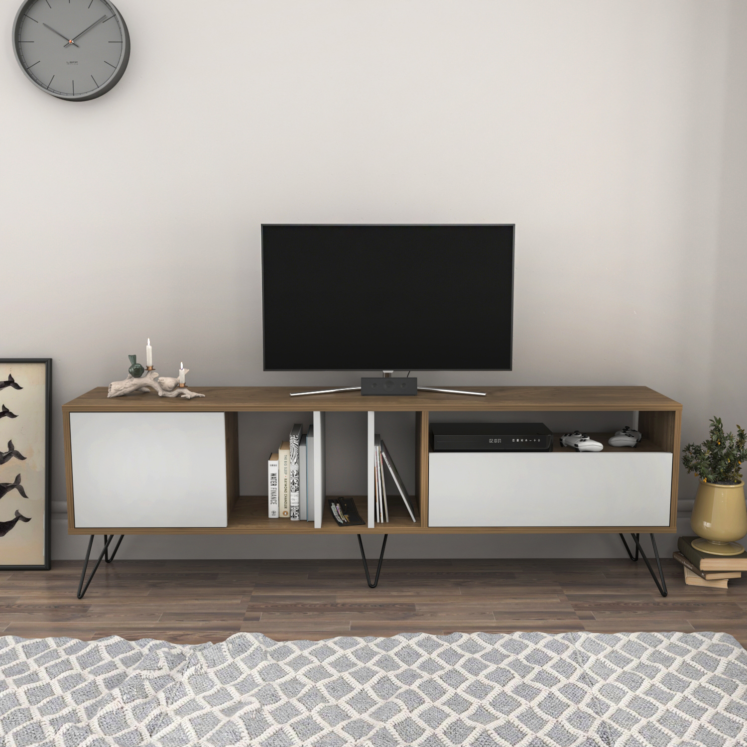 Mistico Modern TV Unit TV Stand - Walnut and White