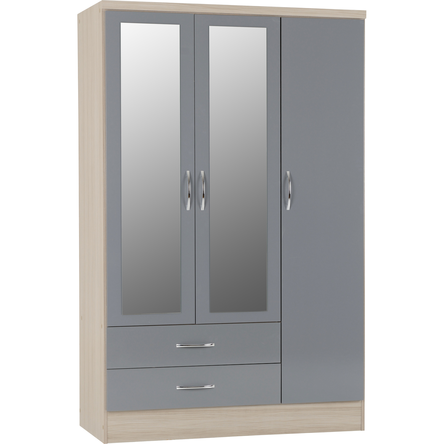 Nevada 3 Door 2 Drawer Mirrored Wardrobe - Grey Gloss, Light Oak