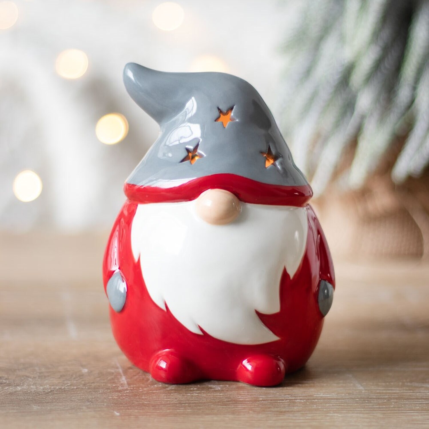 Ceramic Gonk Tealight Holder - Red and Grey