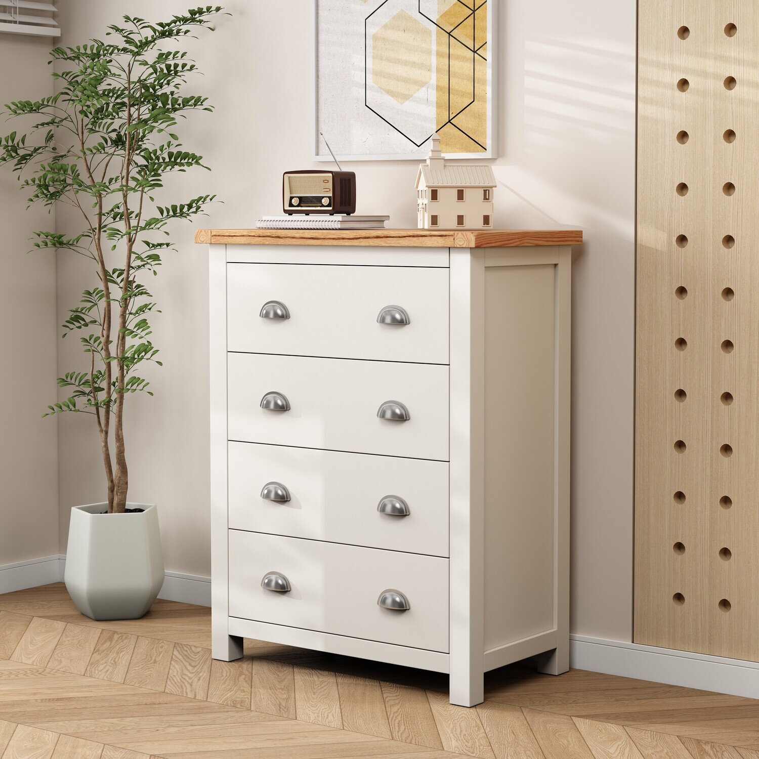 Lovere 4 Drawer Chest Petite - White / Satin Chrome / MDF, Plywood, Pine