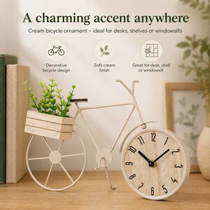 Bicycle Table Clock w/ Wooden Planter & Faux Plant Cream Desk Shelf Ornament