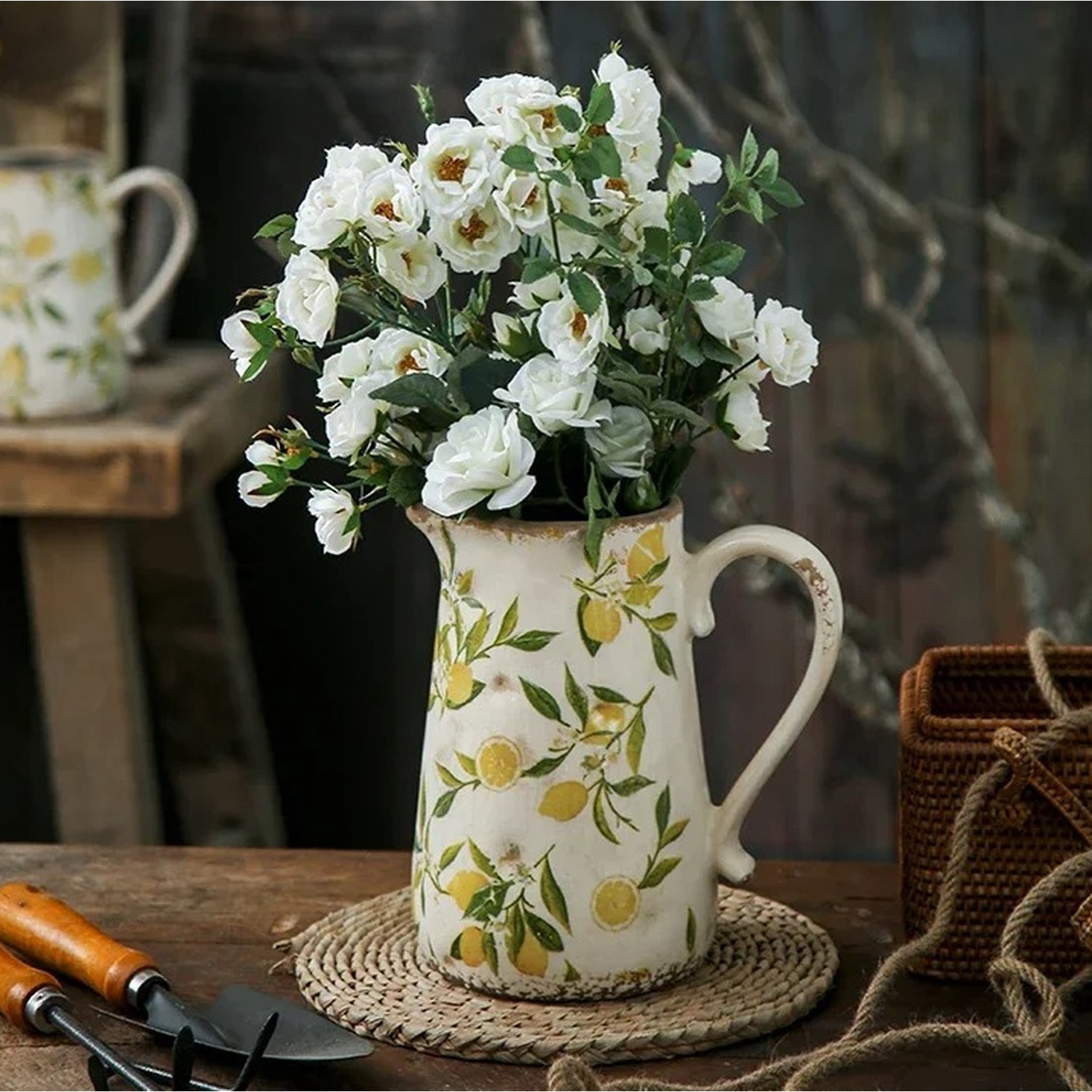 Pink Flowers Ceramic Jug With Handle