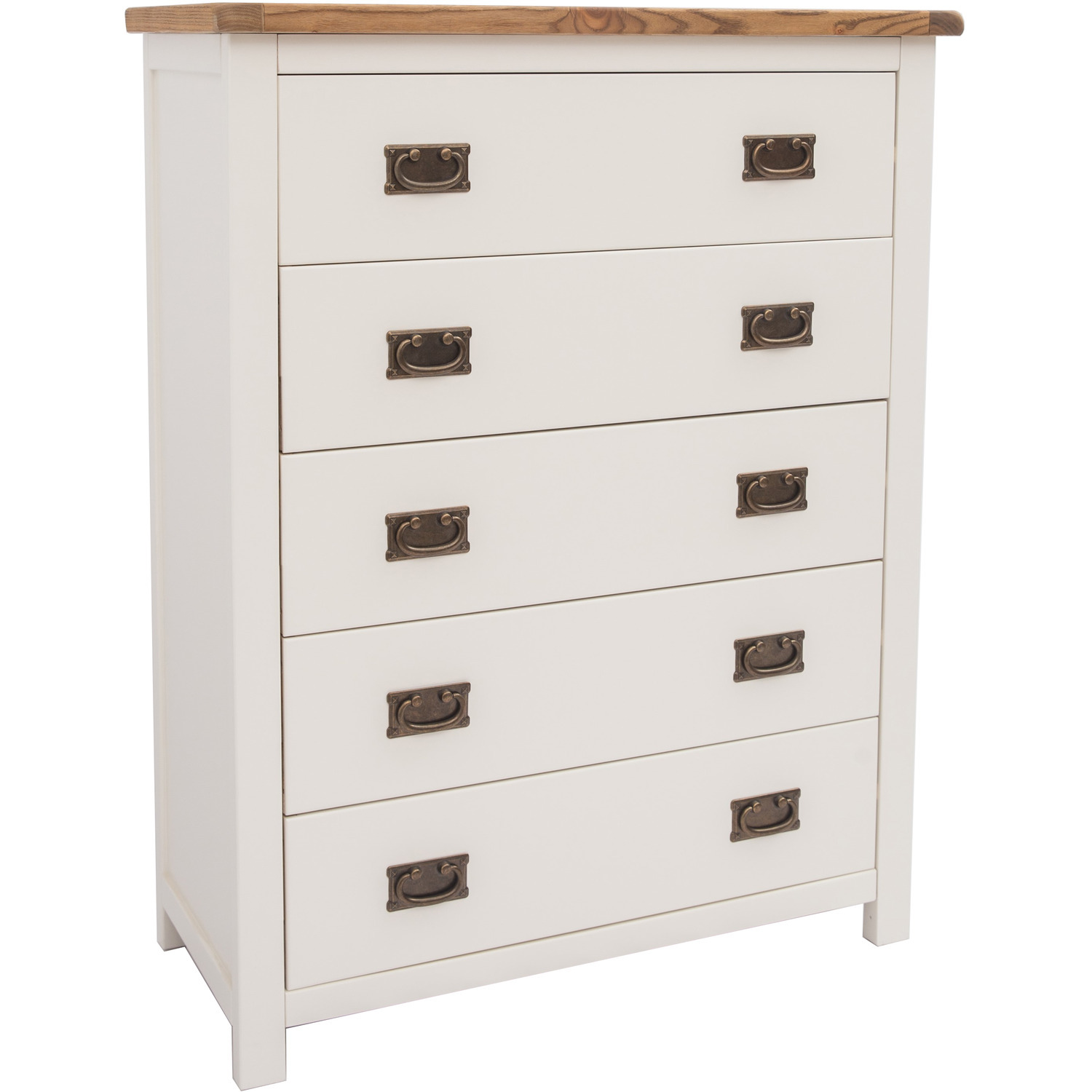 Lovere 5 Drawer Chest - Satin Chrome Handle - White / Antique Brass Drop / MDF, Pine, Plywood