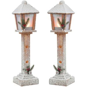 Wooden Snow-Dusted Xmas 52cm Lamp with Timer - Brown - Set of 2