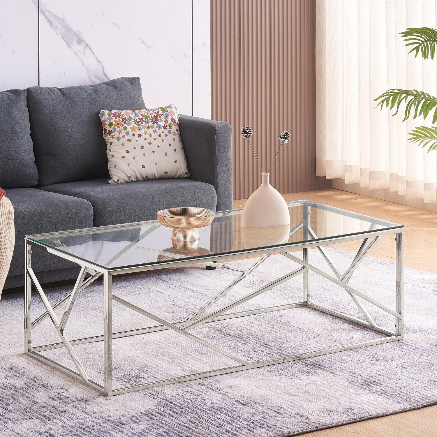 Glass And Metal Rectangular Coffee Table - Silver