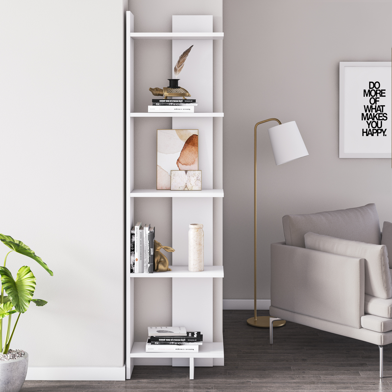 Alica 5-Tier Corner Bookshelf - White