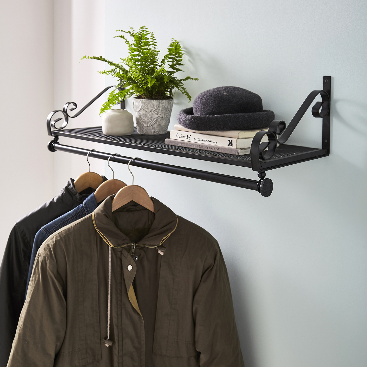 Heavy Duty Wall Mounted Clothes Rail And Shelf - Black