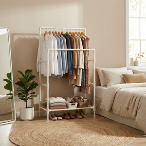 Clothes Rack, Metal Stand with 2 Hanging Rails and Storage Shelf