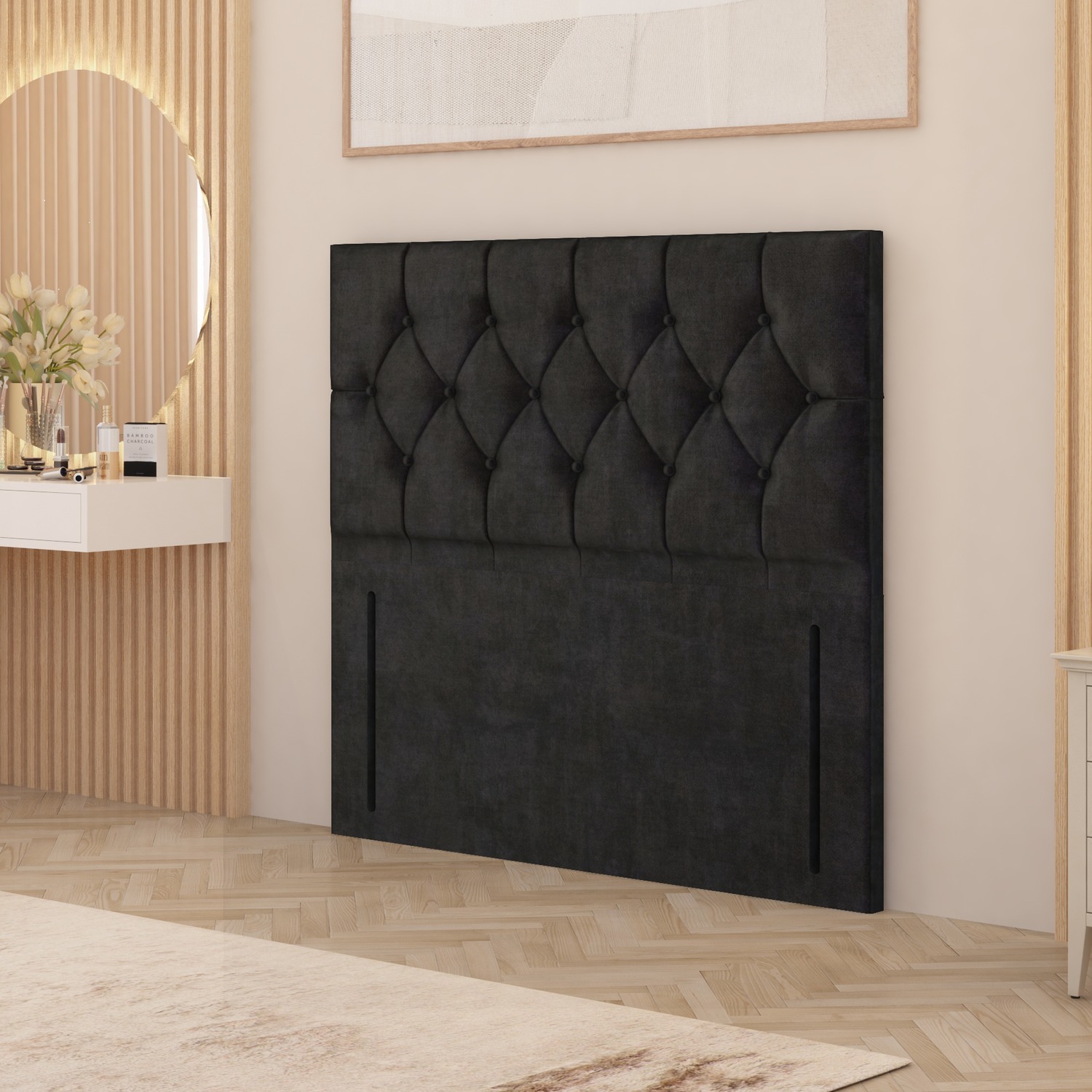 Chesterfield Plush Velvet 54 Floor Standing Upholstered Headboard - Black Single