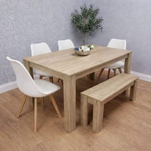 Dining Table,4 White Chairs and 1 Bench Oak Effect Set of 6