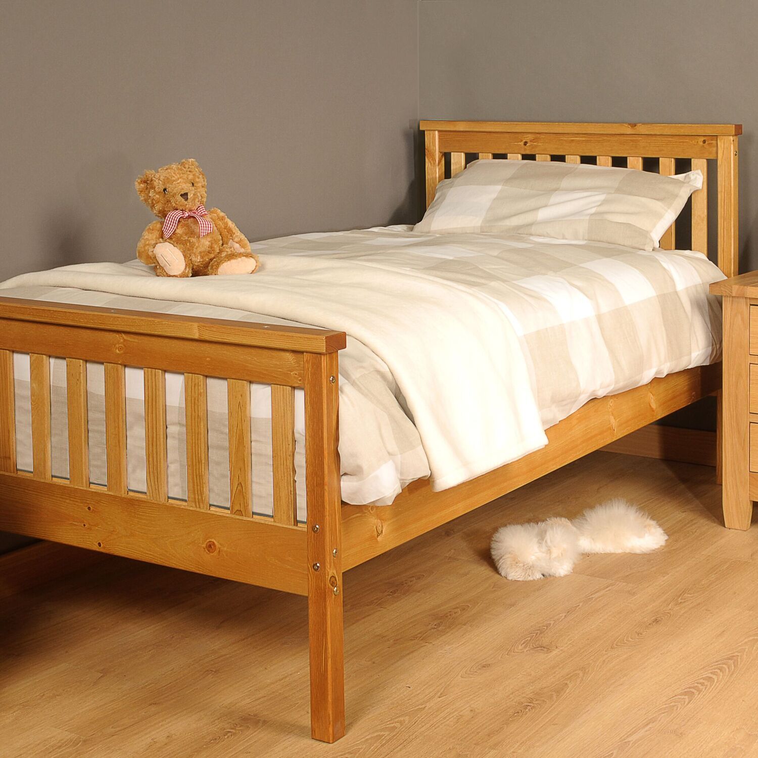 Pine Wooden Single Bed Frame in Caramel - Modern Design & Solid Pine Wood - Slatted Style Headboard & Footboard