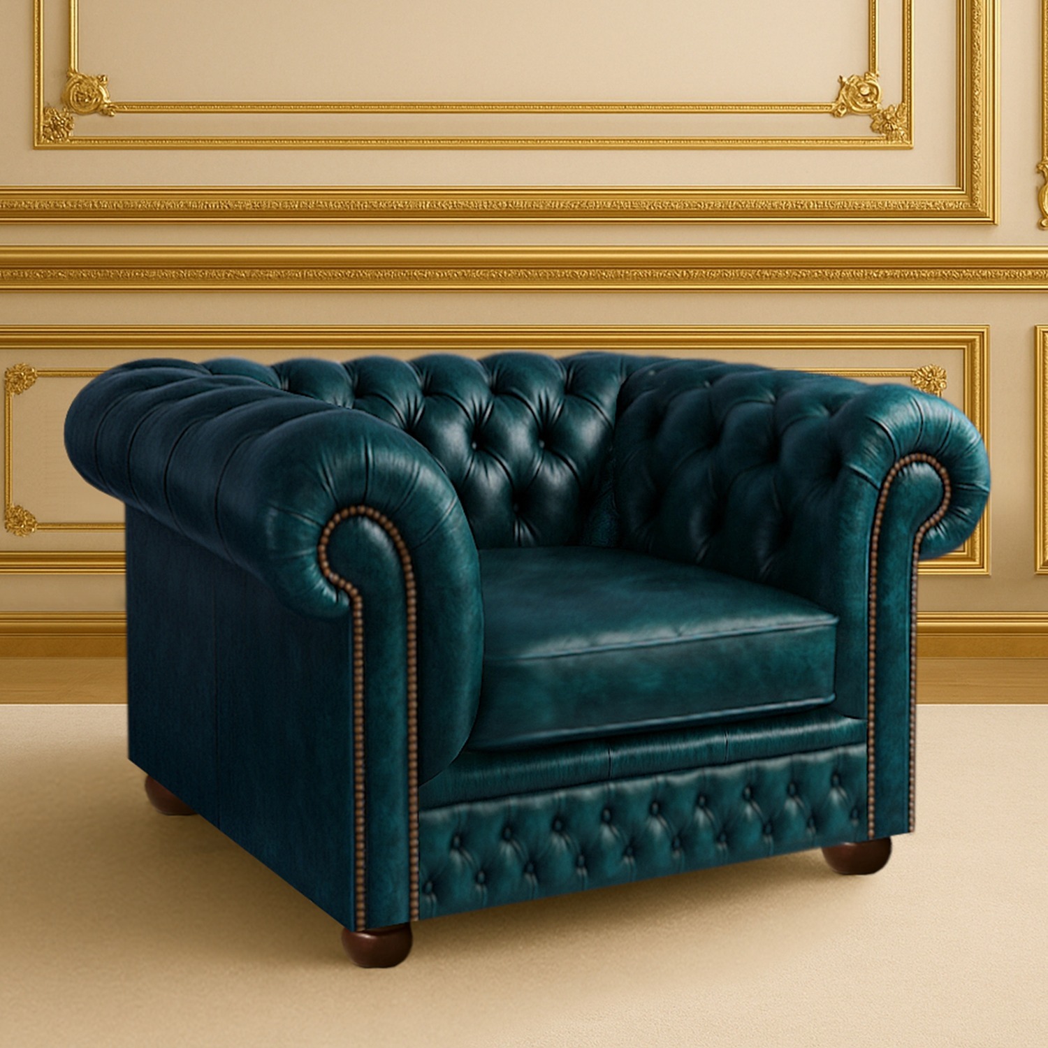 Oxford 1 Seater Vintage Leather Chesterfield Sofa Manufactured In Uk - Blue