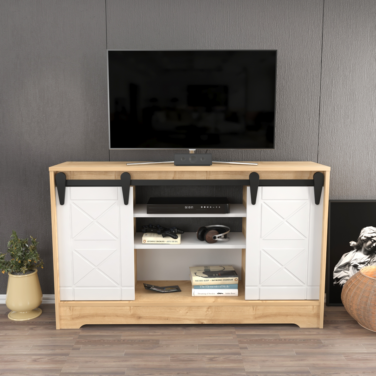 Nisay Barn Door TV Unit  for TVs up to 63" - Oak and White