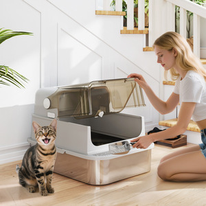 PawHut XXL Stainless Steel Cat Litter Tray, Flip Cover