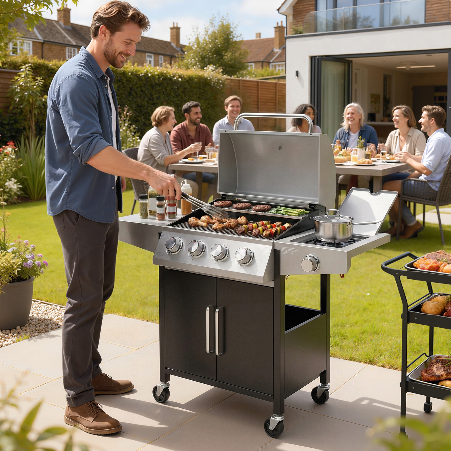 Outsunny 4 plus 1 Burner Gas BBQ Grill with Side Burner - Silver
