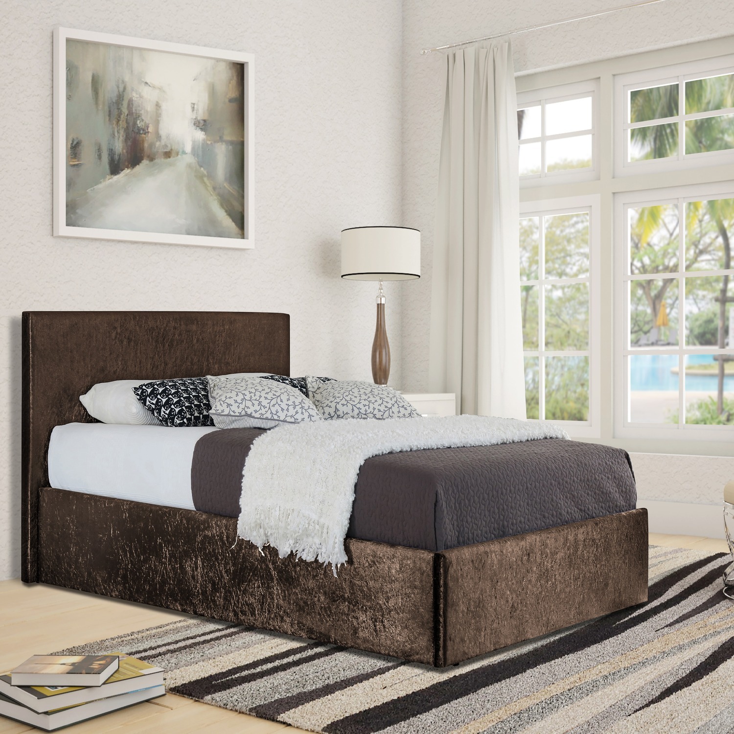 Crushed Velvet Ottoman Bed Frame - Brown Double