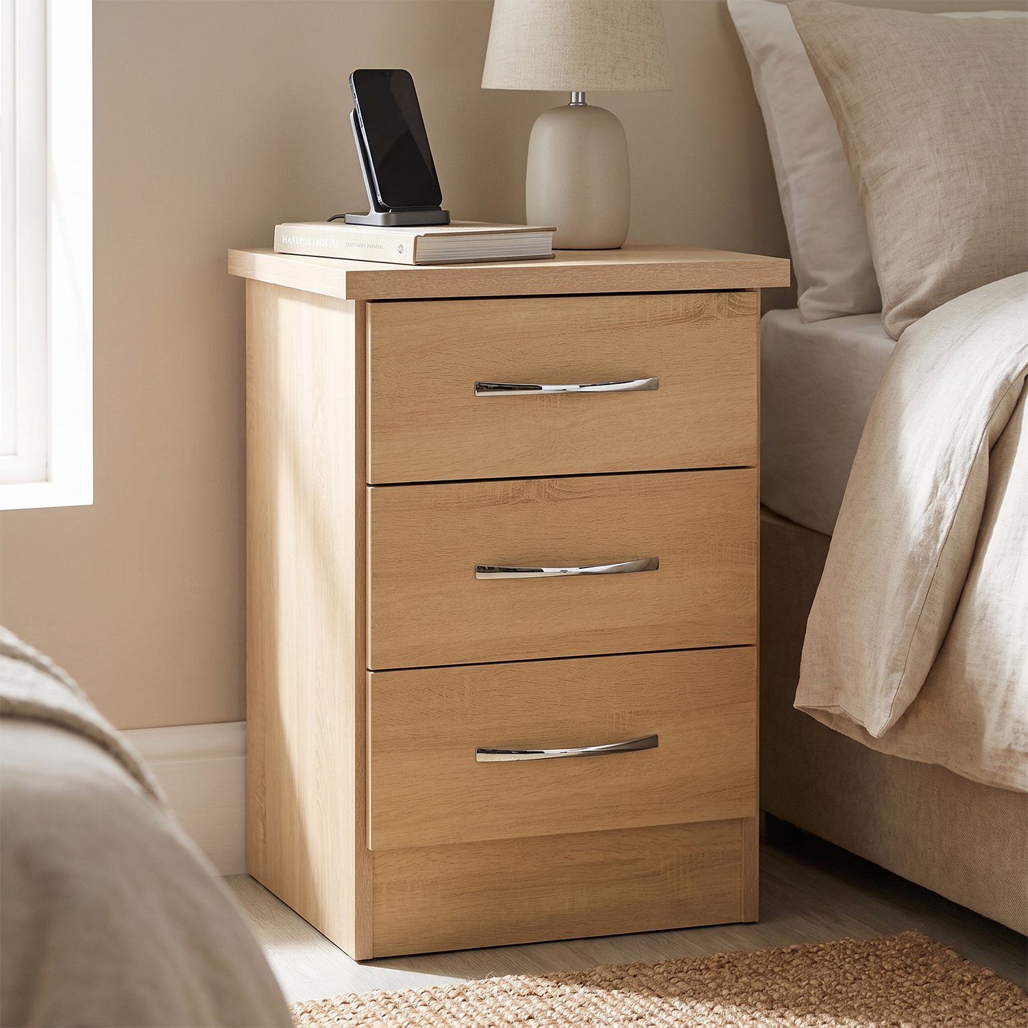 Seconique Nevada 3 Drawer Bedside - Sonoma Oak