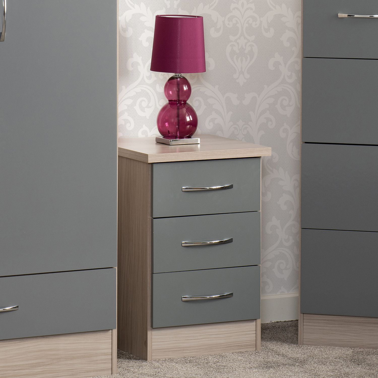 Nevada 3 Drawer Bedside - Grey Gloss