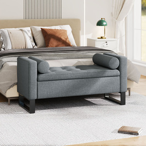 Linen Upholstered Storage Bench with Armrest Cushion