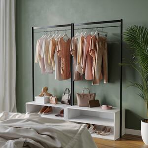 Metal Clothing Rail with 2-Tier Wooden Shoe Storage Unit - White