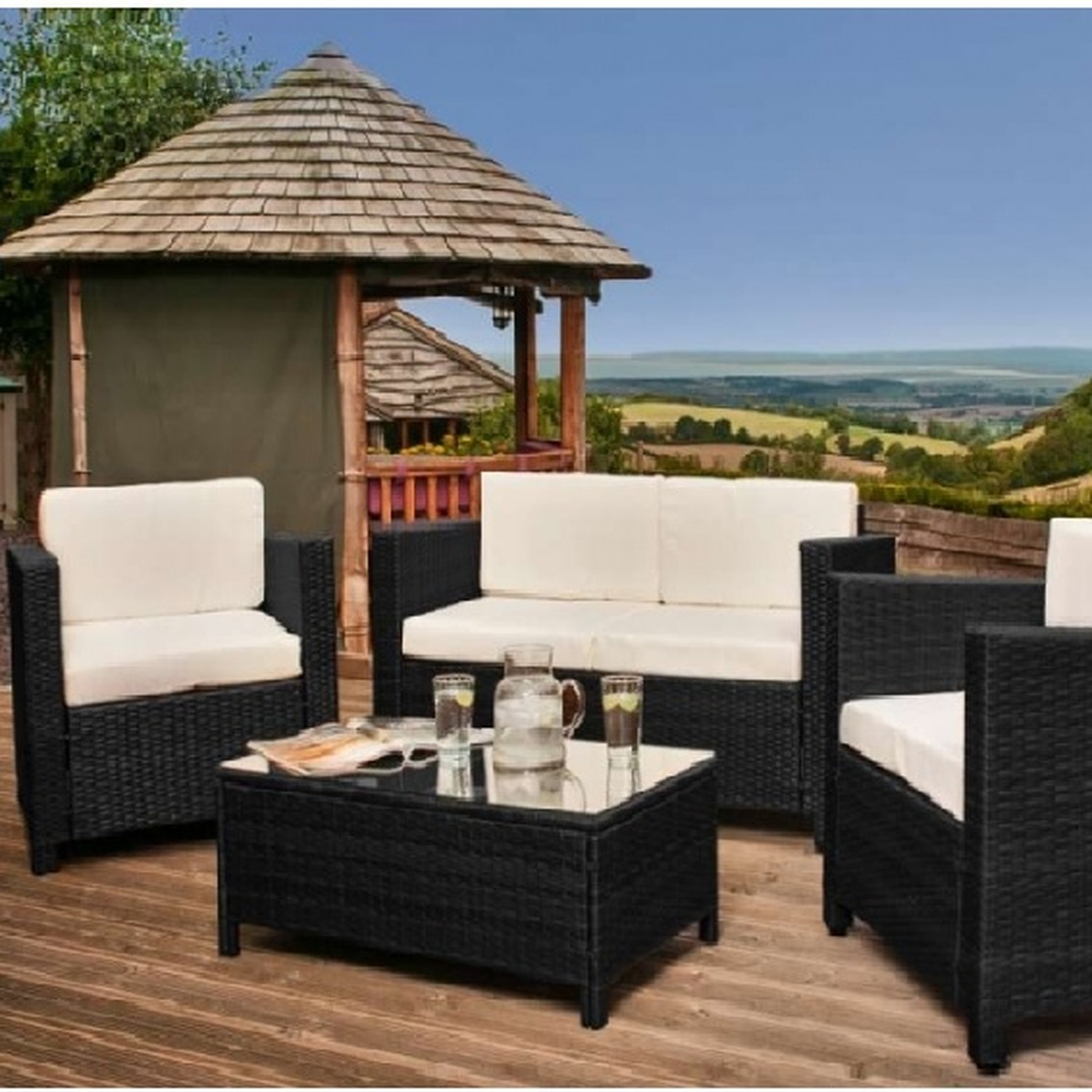 4 Piece Rattan Garden Furniture Set 2 Seater Sofa Chairs - Black